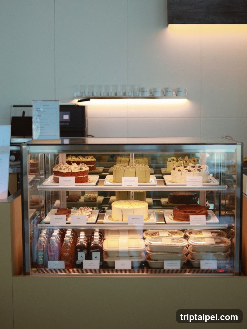 A glass display case filled with various cakes and pastries, including layered cakes, sponge cakes, and boxed items. The background shows a clean interior with shelves holding cups and a menu board on the left.