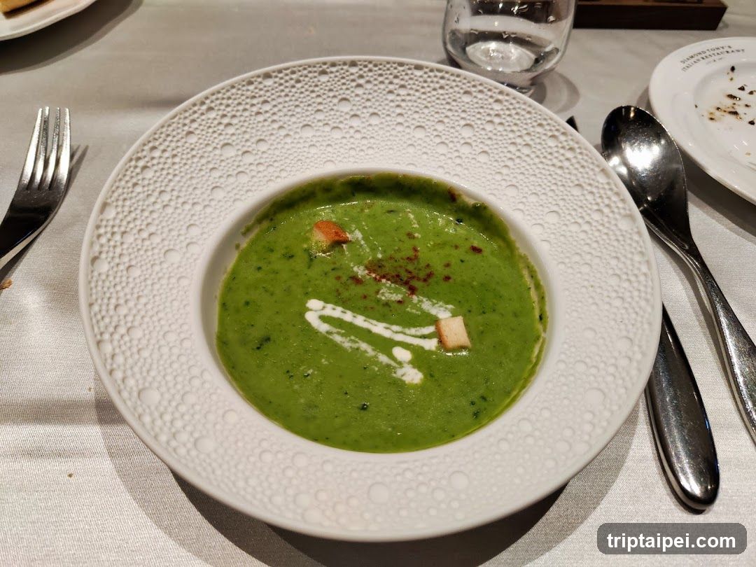 Green Soup in White Bowl