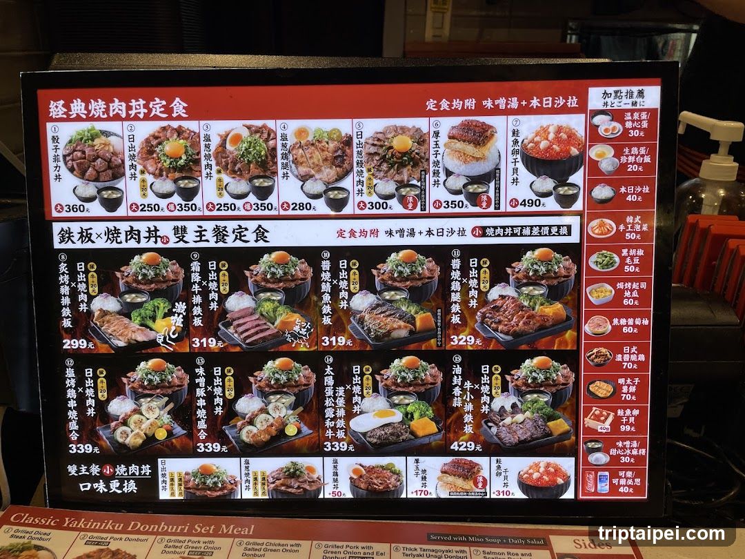 A digital menu board displaying various yakitori donburi set meals with prices in JPY, featuring categories like classic meat donburi, iron plate sets, and daily specials.