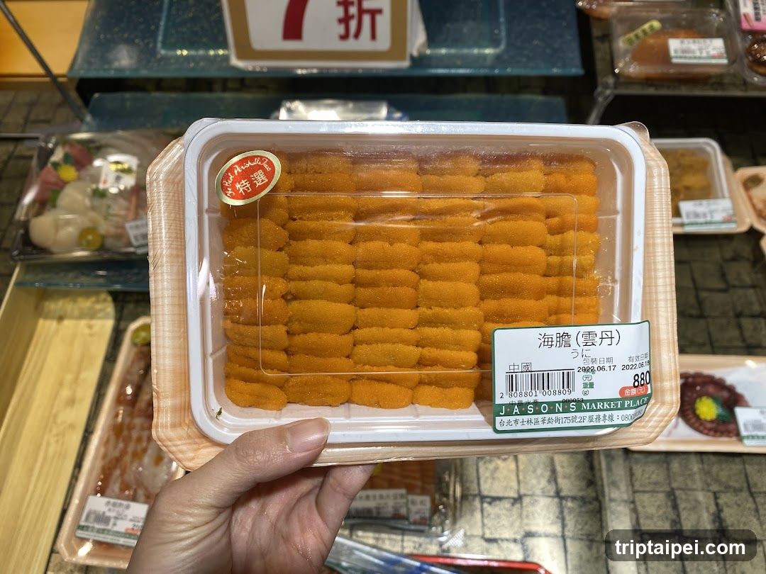 A hand holding a packaged food item, likely a type of fried snack or breaded product, with a label indicating '海膽(雲丹)' (Sea Urchin) and the price '880'. The background shows other packaged food items on shelves.