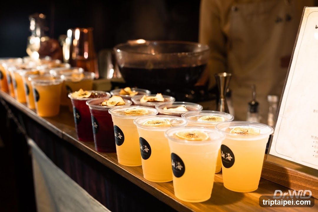 A row of colorful beverages in clear plastic cups lined up on a wooden counter, with a large glass pitcher and bar tools visible in the background.