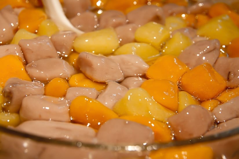 A bowl of chewy taro and sweet potato balls in sweet syrup at Jiufen