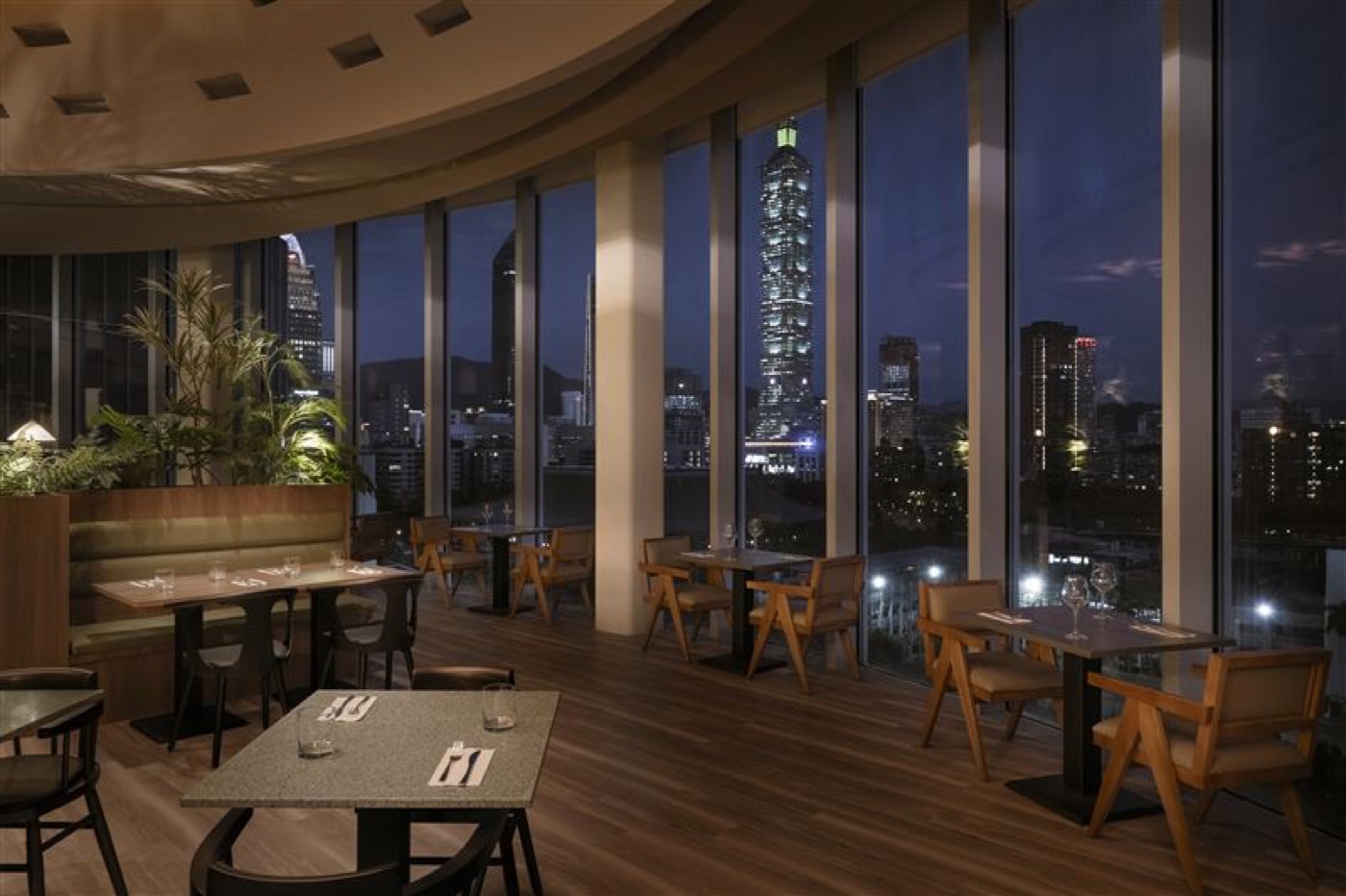 SALT and STONE restaurant at Taipei Dome Garden City with a view toward Taipei 101