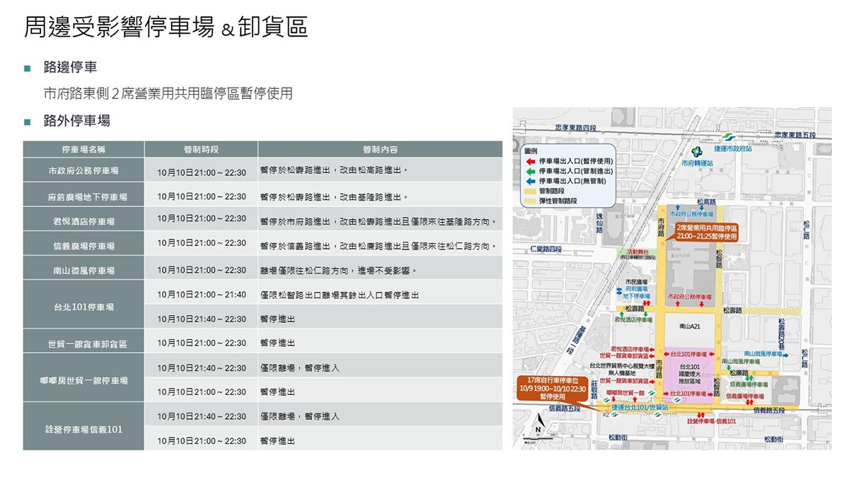 Taipei 101 National Day 2026 parking and loading-zone restrictions around City Hall and the World Trade Center