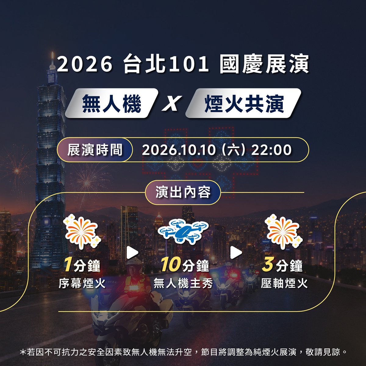 Taipei 101 National Day 2026 show timeline: 1 minute fireworks, 10 minutes of drones, 3 minutes of closing fireworks