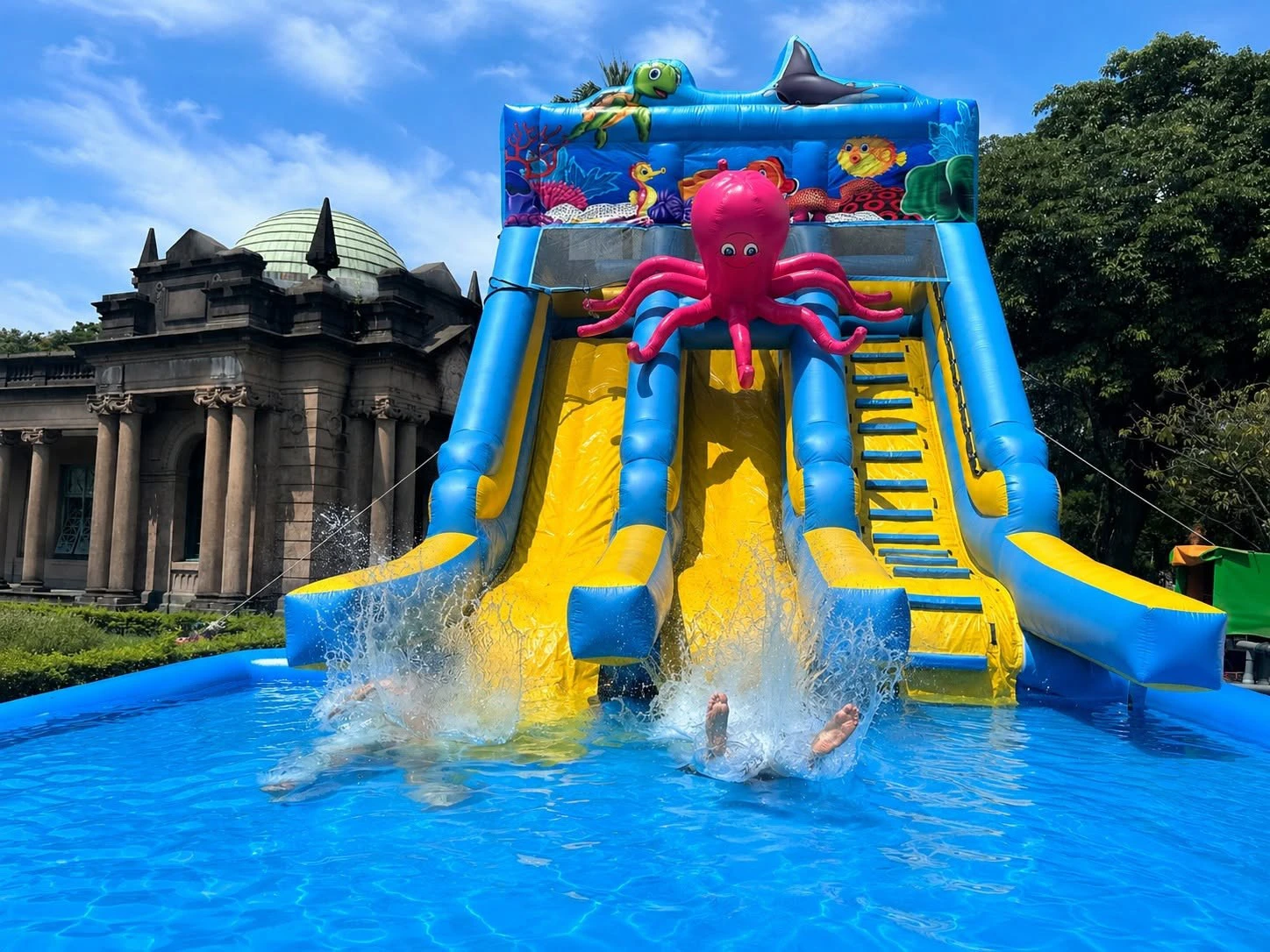 Rainbow Horse and Pink Octopus inflatable water slides at Taipei Water Festival 2026